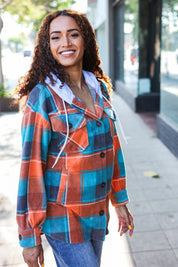Stand Out Teal & Orange Plaid Fleece Hoodie Shacket | Daverri Fashions