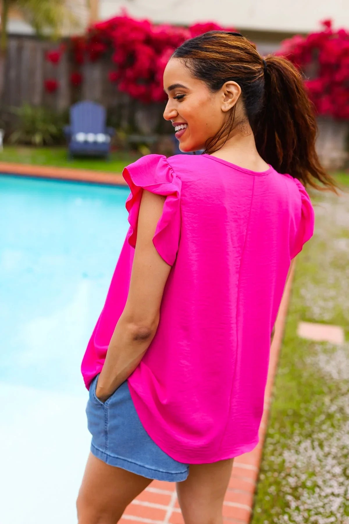 Summer Days Fuchsia Banded V Neck Flutter Sleeve Top | 07-01-25 Summer Sale Daverri Fashions