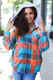 Stand Out Teal & Orange Plaid Fleece Hoodie Shacket | Daverri Fashions