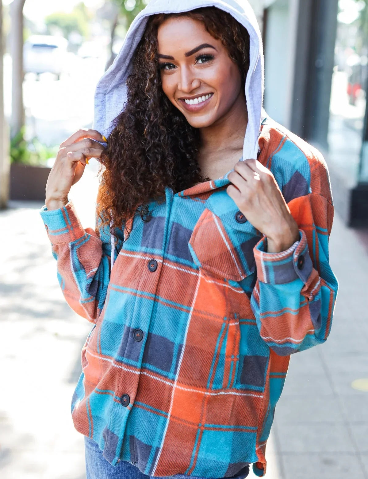 Stand Out Teal & Orange Plaid Fleece Hoodie Shacket | Daverri Fashions