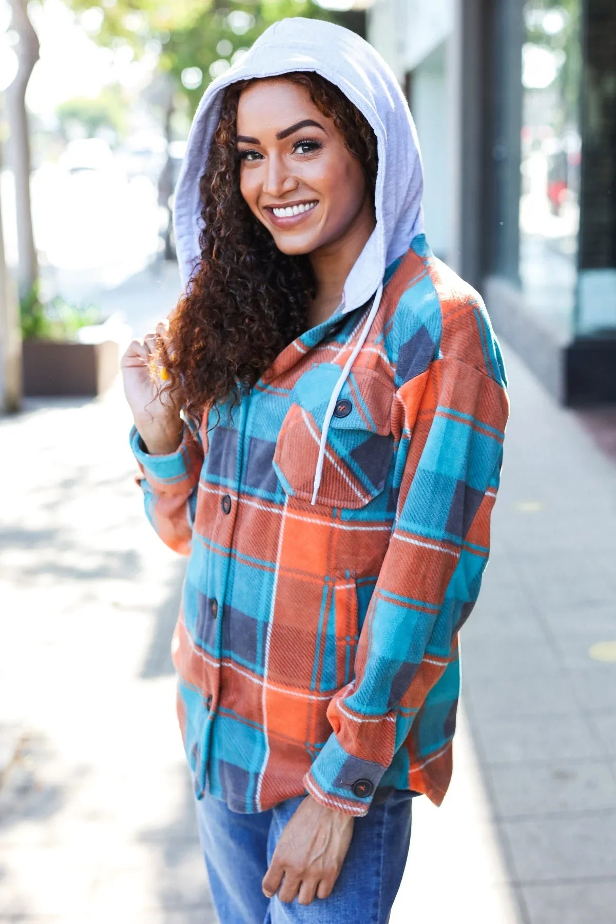 Stand Out Teal & Orange Plaid Fleece Hoodie Shacket | Daverri Fashions