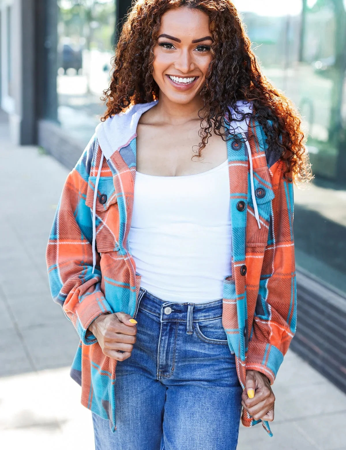 Stand Out Teal & Orange Plaid Fleece Hoodie Shacket | Daverri Fashions