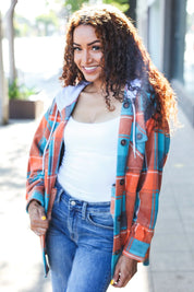 Stand Out Teal & Orange Plaid Fleece Hoodie Shacket | Daverri Fashions