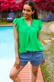 Sunny Days Kelly Green Banded V Neck Flutter Sleeve Top | 2024 Summer Blow Out Sale Daverri Fashions