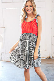 Red/Black Aztec Shoulder Tie Knot Tiered Dress | Daverri Fashions