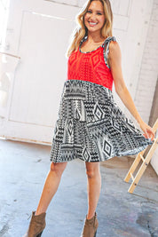 Red/Black Aztec Shoulder Tie Knot Tiered Dress | Daverri Fashions