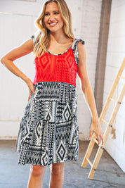 Red/Black Aztec Shoulder Tie Knot Tiered Dress | Daverri Fashions