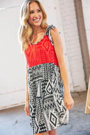 Red/Black Aztec Shoulder Tie Knot Tiered Dress | Daverri Fashions