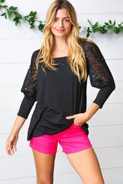 Black Lace Three Quarter Bubble Sleeve Top | Daverri Fashions