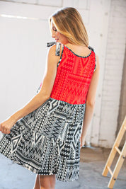 Red/Black Aztec Shoulder Tie Knot Tiered Dress | Daverri Fashions