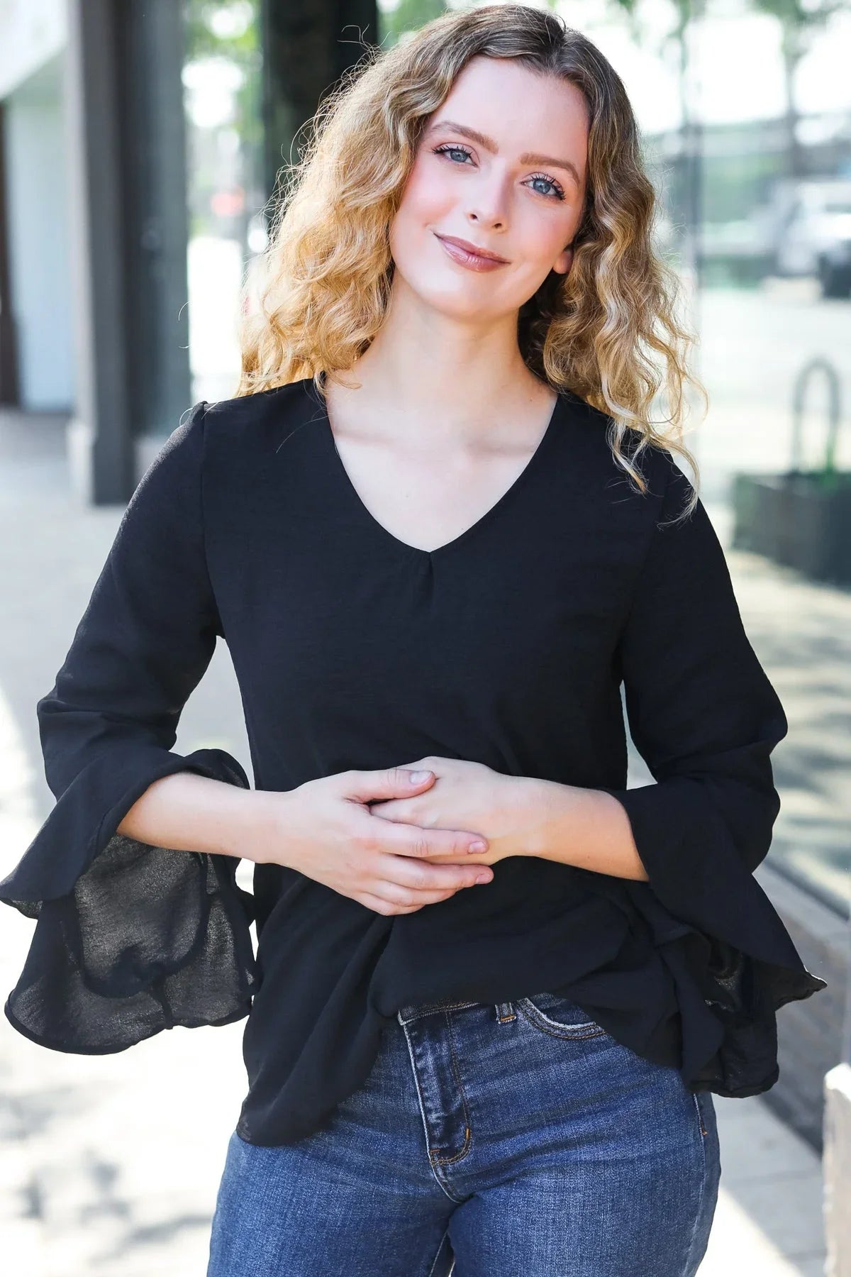 Falling In Love Black Hi-Lo Ruffle Sleeve Woven Top | Daverri Fashions