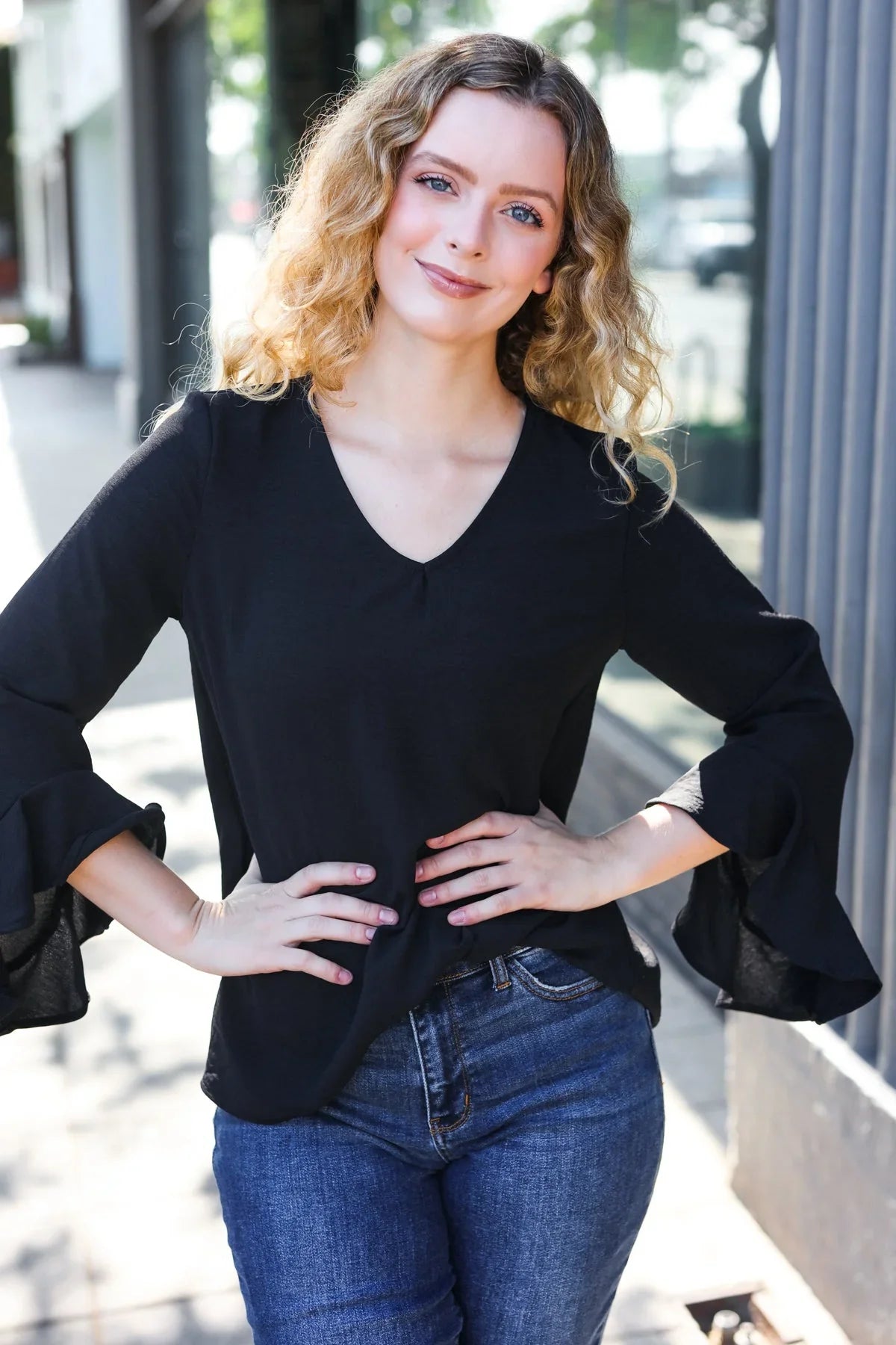 Falling In Love Black Hi-Lo Ruffle Sleeve Woven Top | Daverri Fashions