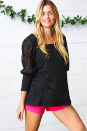 Black Lace Three Quarter Bubble Sleeve Top | Daverri Fashions