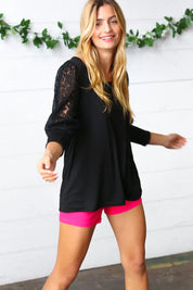 Black Lace Three Quarter Bubble Sleeve Top | Daverri Fashions