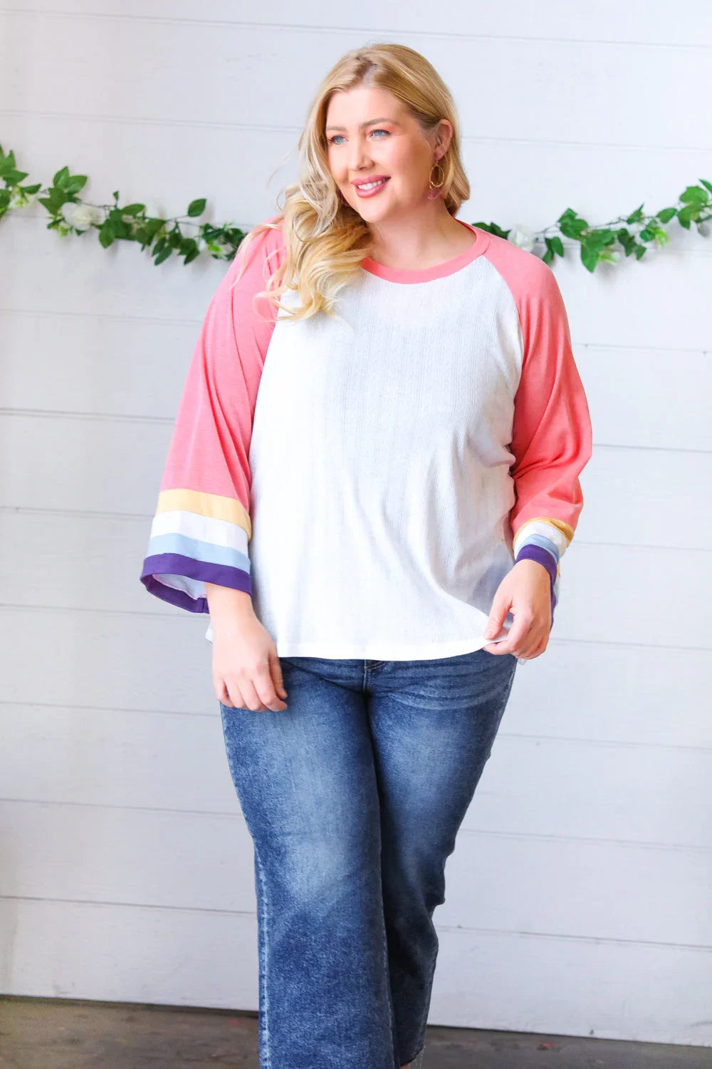 Pink Pointelle Color Block Wide Sleeve Pullover | Daverri Fashions