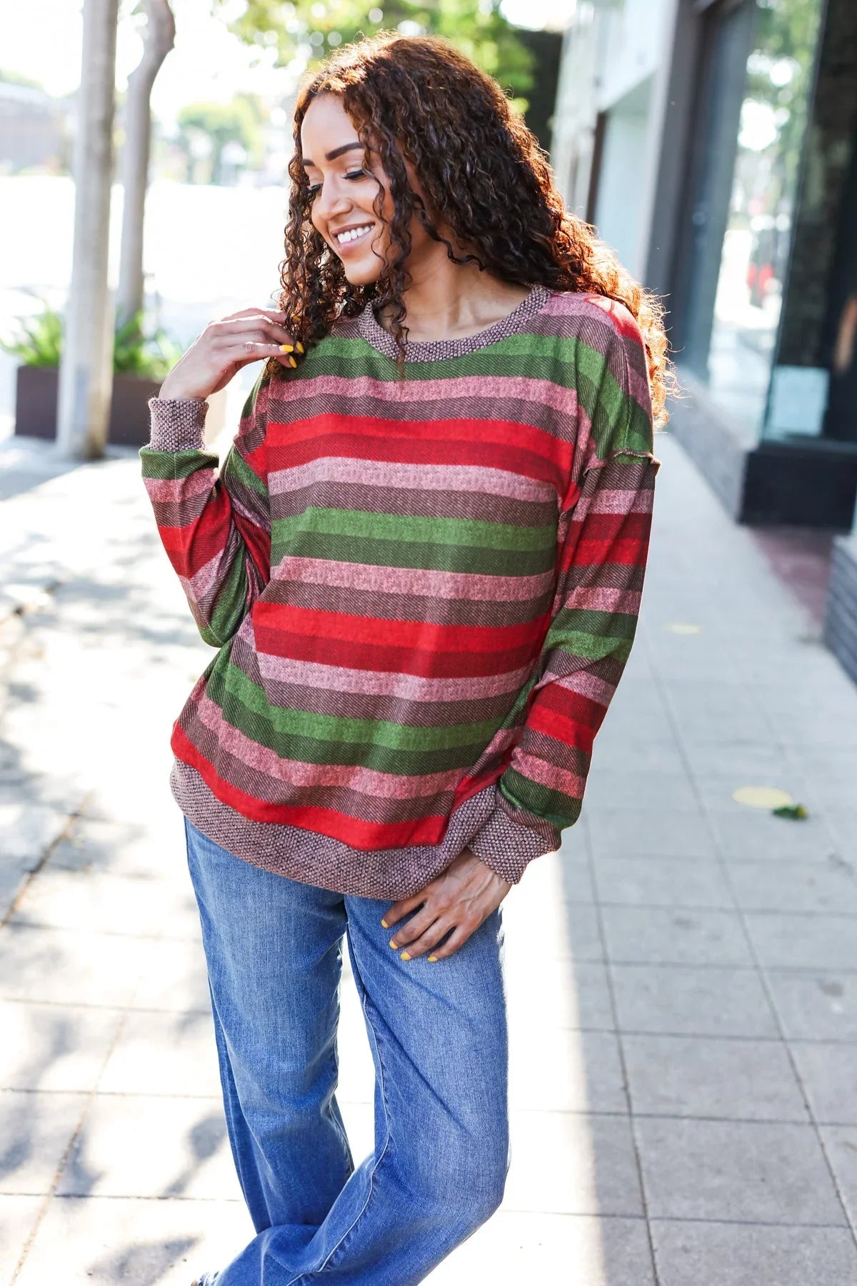 Perfectly You Olive & Mauve Stripe Two-Tone Banded Sweater Top | Daverri Fashions