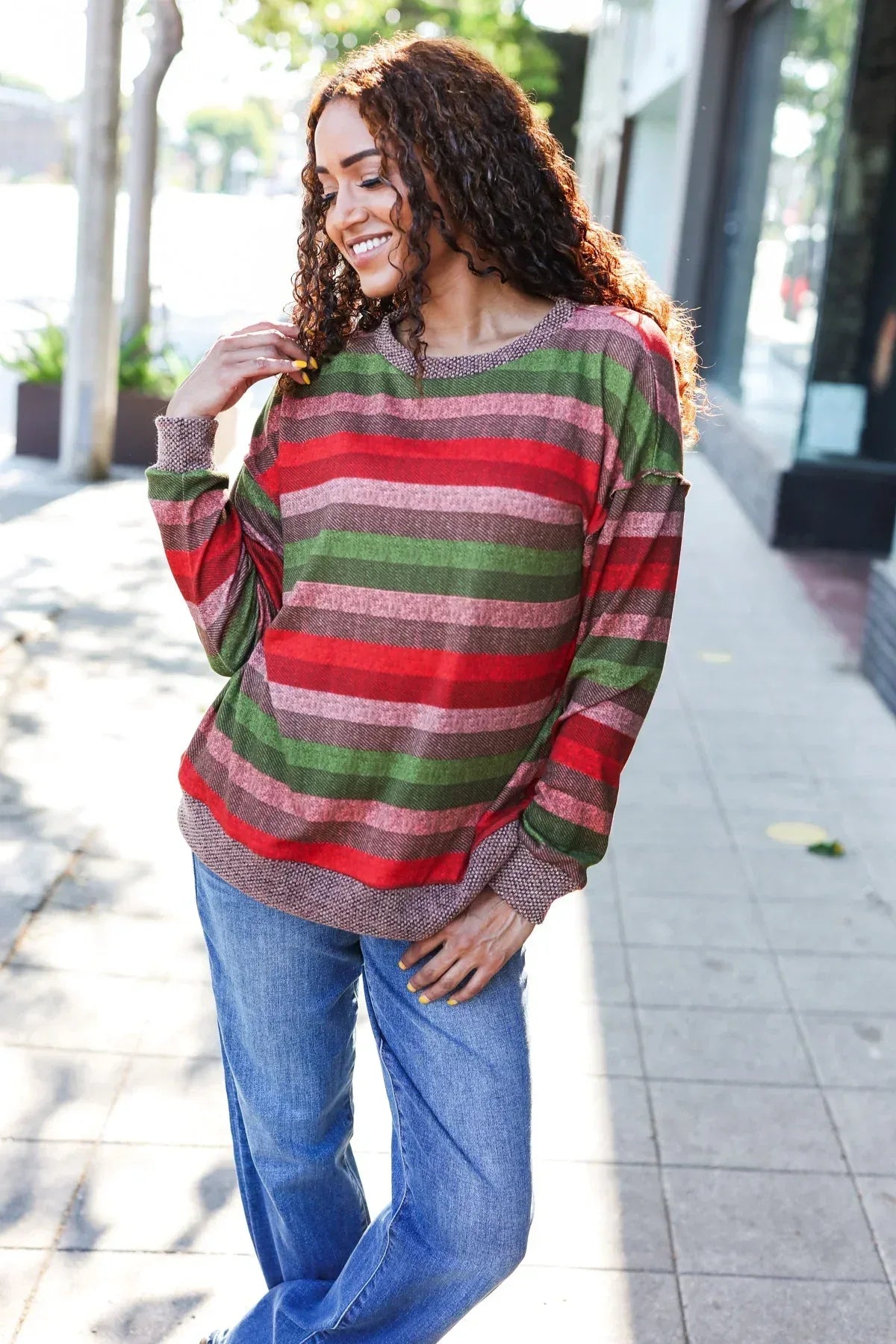 Perfectly You Olive & Mauve Stripe Two-Tone Banded Sweater Top - DAVERRI FASHIONS