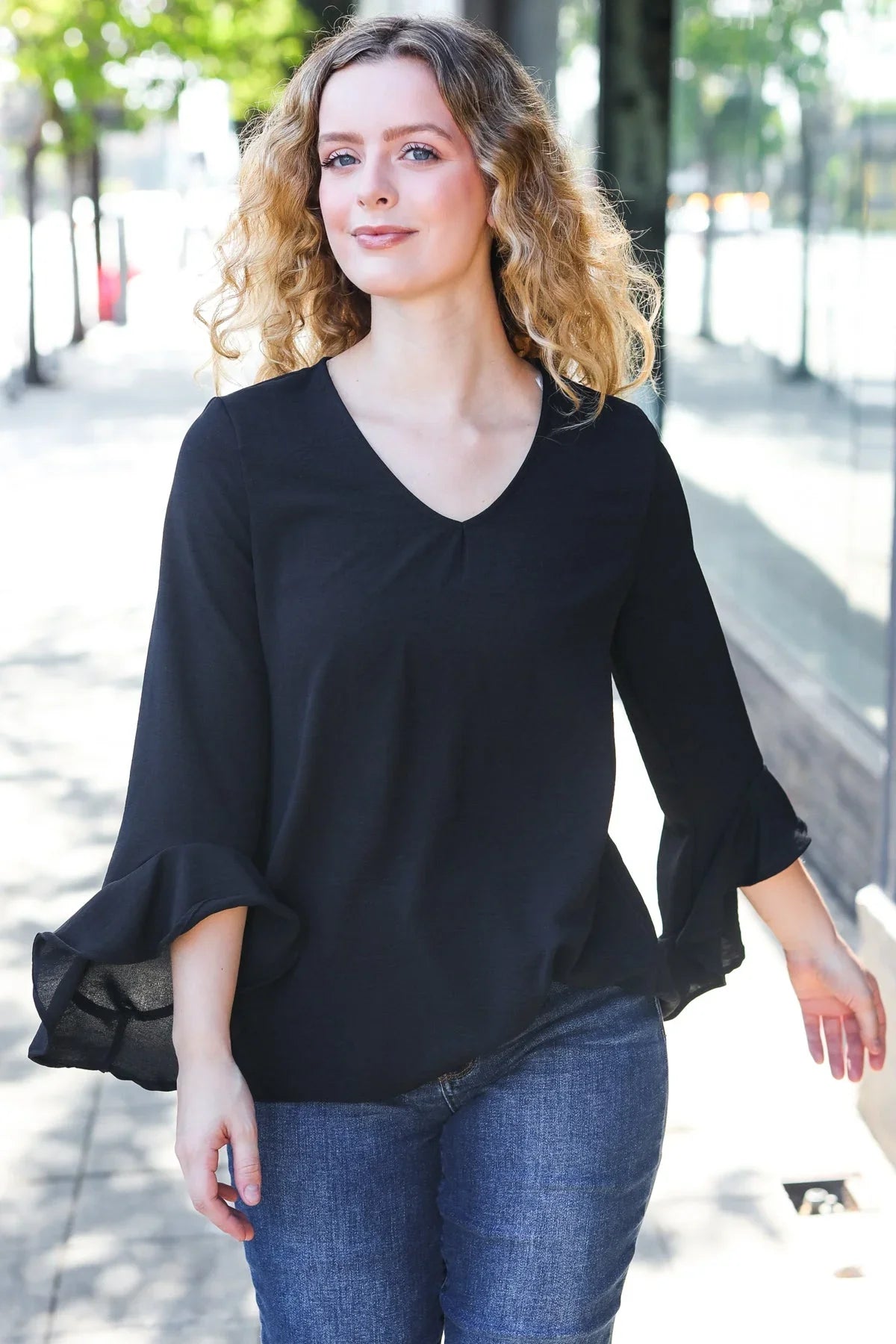 Falling In Love Black Hi-Lo Ruffle Sleeve Woven Top | Daverri Fashions
