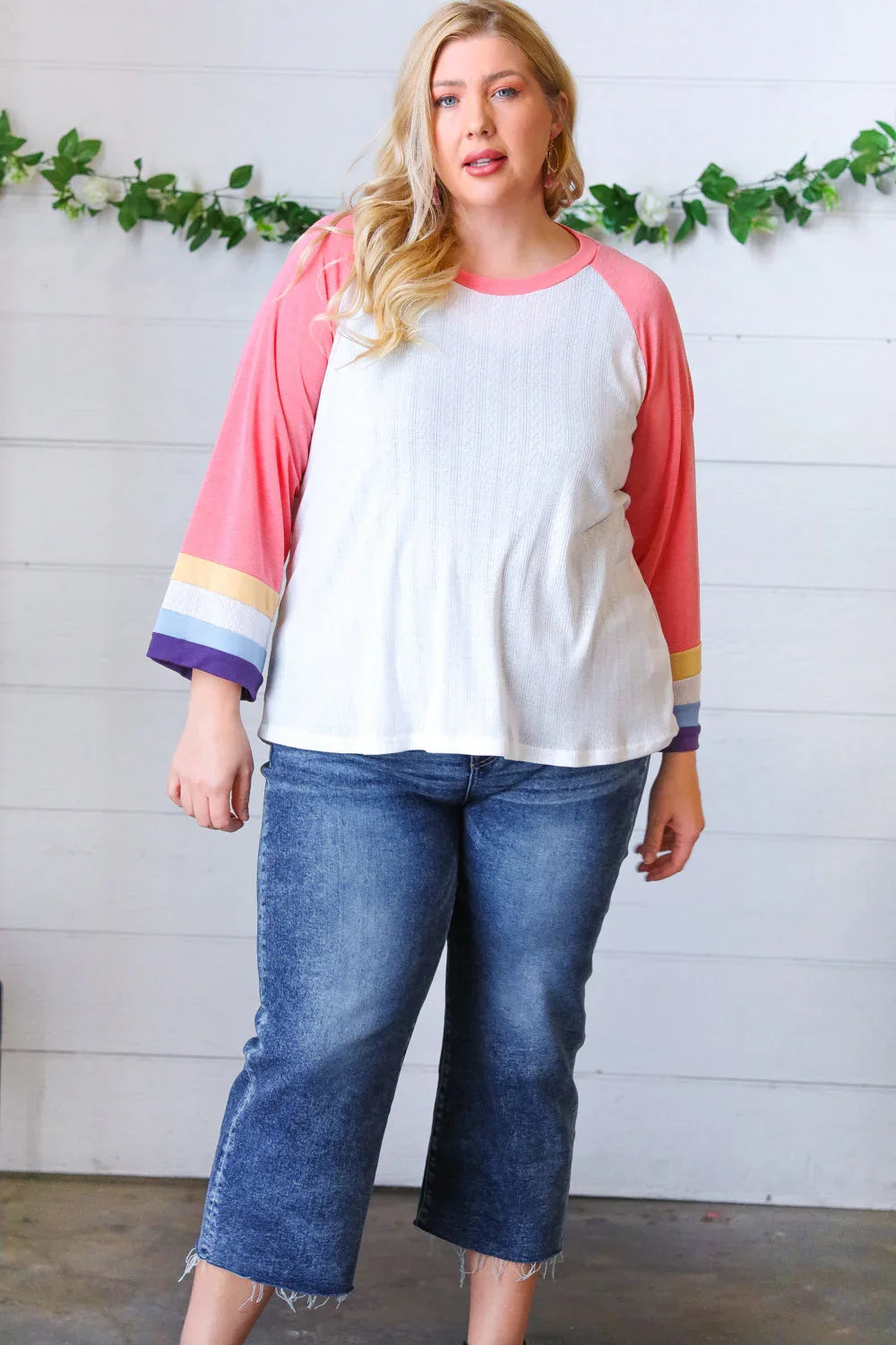 Pink Pointelle Color Block Wide Sleeve Pullover | Daverri Fashions