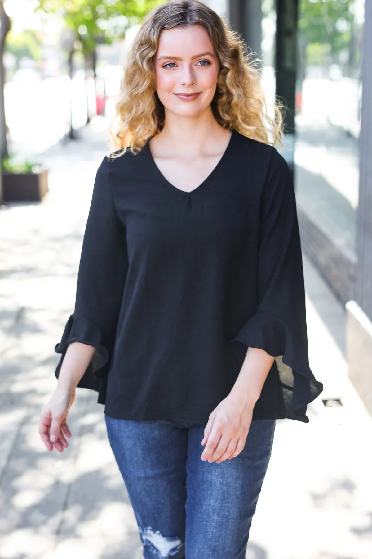 Falling In Love Black Hi-Lo Ruffle Sleeve Woven Top | Daverri Fashions