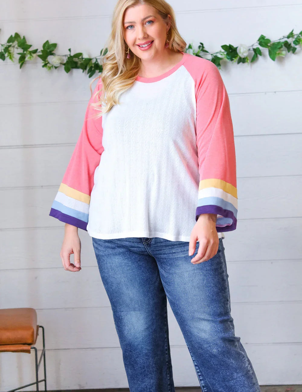 Pink Pointelle Color Block Wide Sleeve Pullover | Daverri Fashions