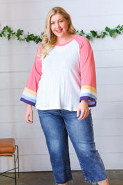 Pink Pointelle Color Block Wide Sleeve Pullover | Daverri Fashions