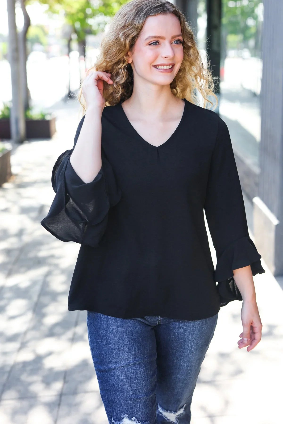 Falling In Love Black Hi-Lo Ruffle Sleeve Woven Top | Daverri Fashions