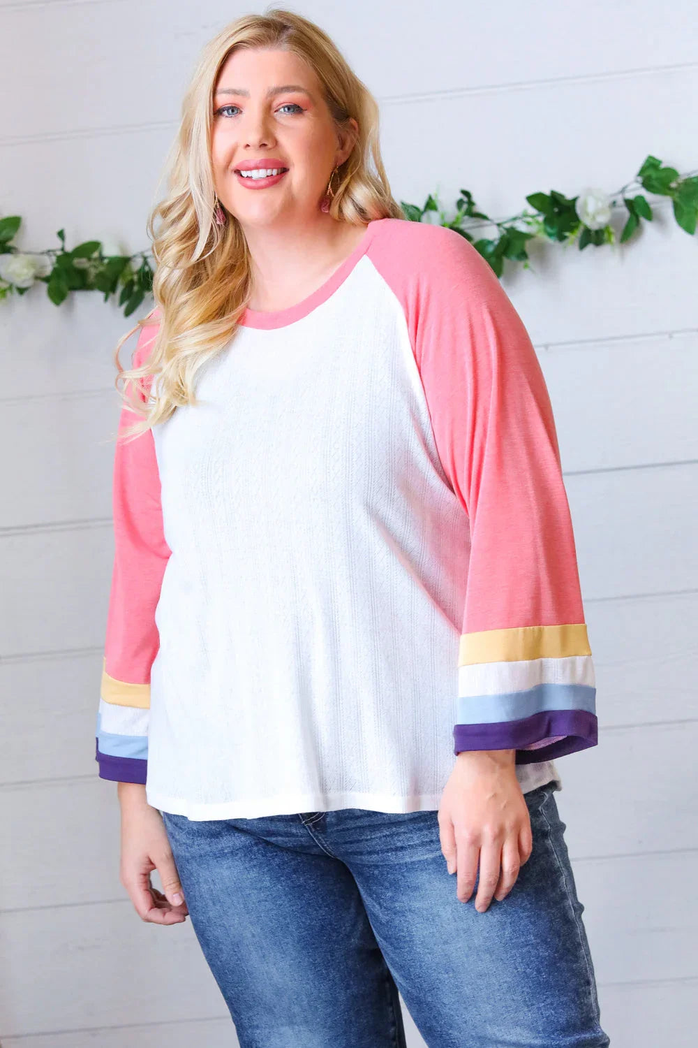 Pink Pointelle Color Block Wide Sleeve Pullover | Daverri Fashions