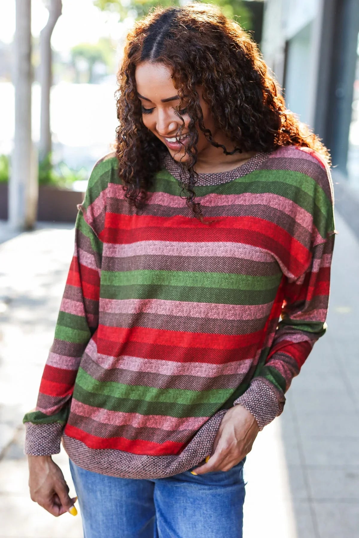 Perfectly You Olive & Mauve Stripe Two-Tone Banded Sweater Top | Daverri Fashions