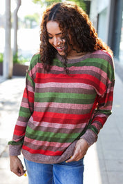 Perfectly You Olive & Mauve Stripe Two-Tone Banded Sweater Top | Daverri Fashions