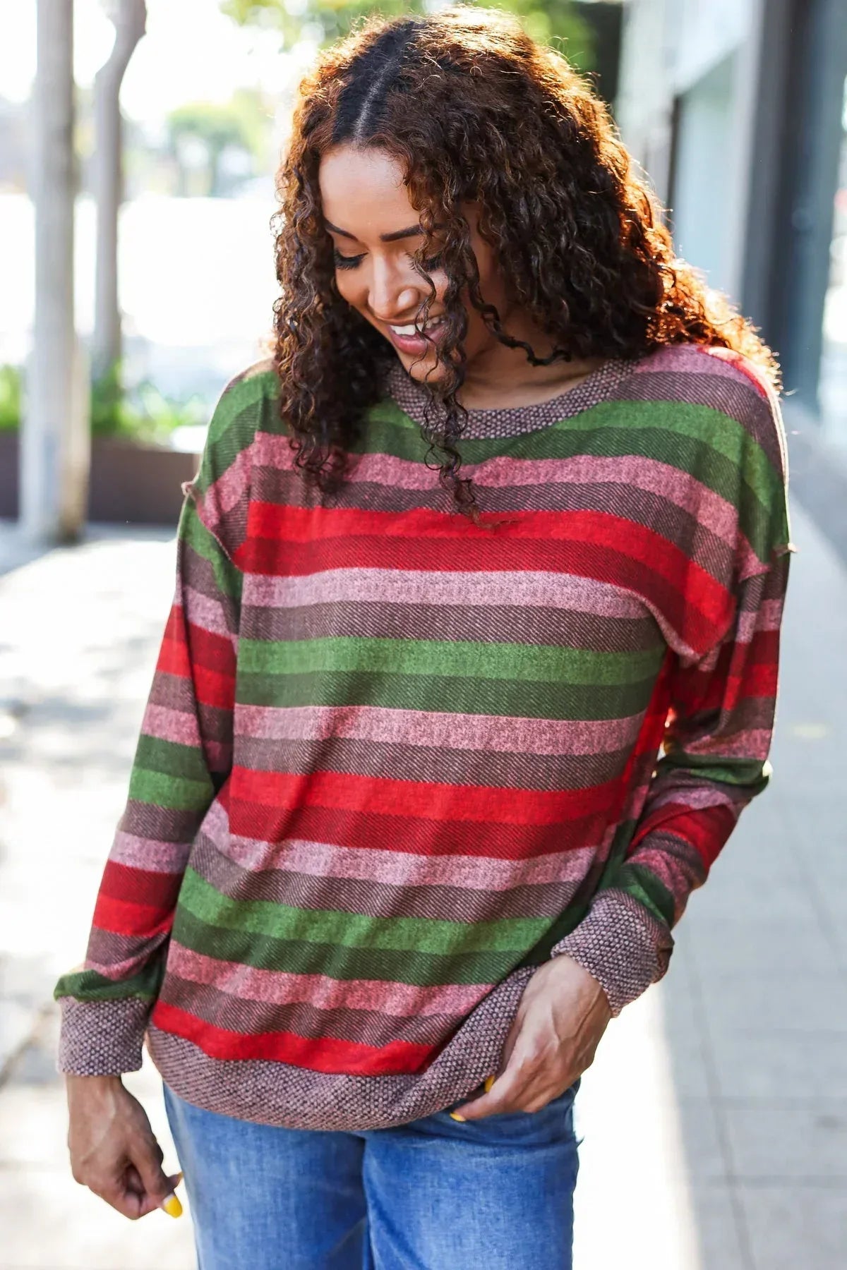 Perfectly You Olive & Mauve Stripe Two-Tone Banded Sweater Top - DAVERRI FASHIONS