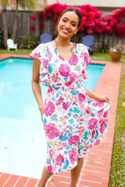 Hello Beautiful Ivory & Fuchsia Floral Sequin Smock Waist Midi Dress | Daverri Fashions