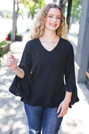 Falling In Love Black Hi-Lo Ruffle Sleeve Woven Top | Daverri Fashions