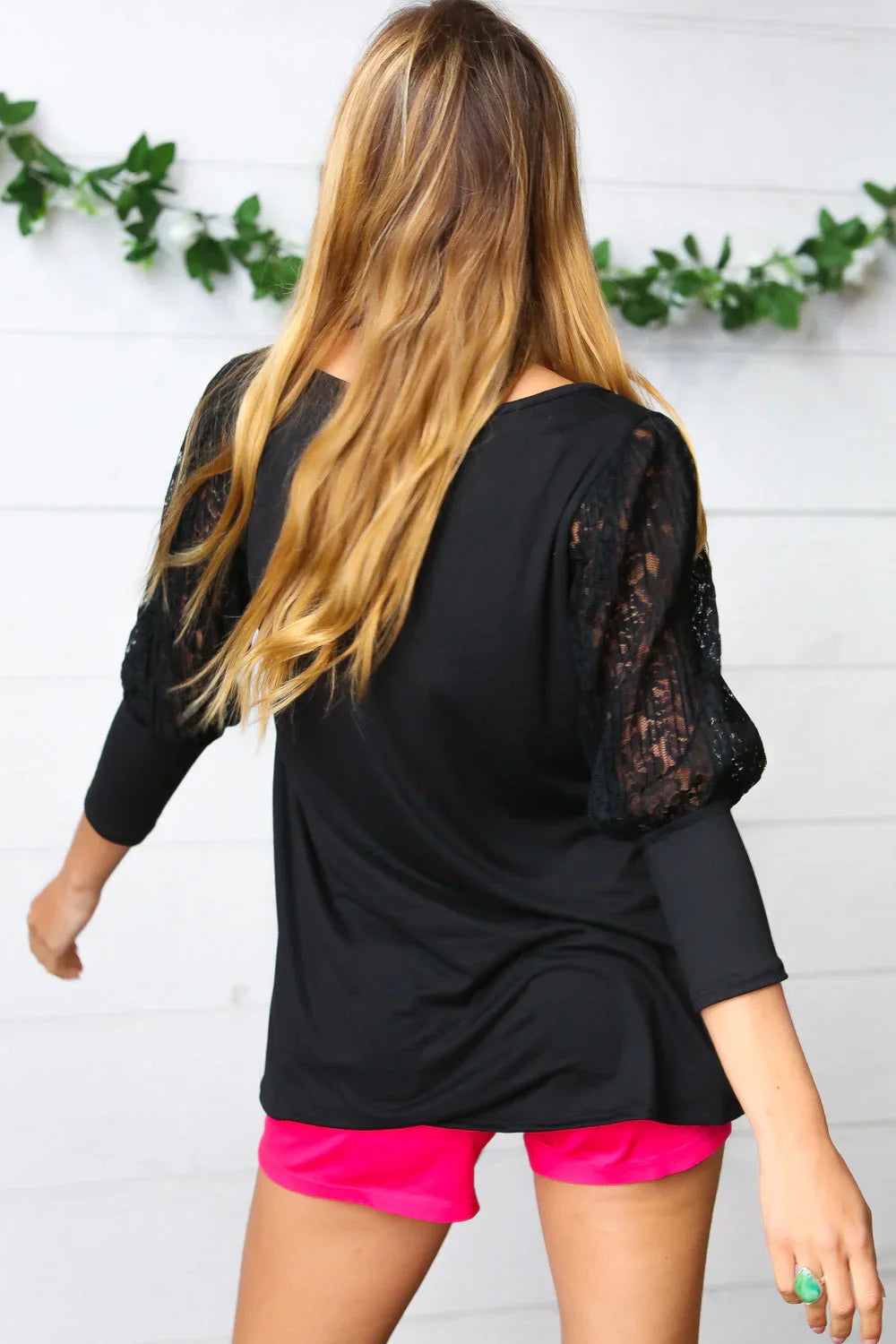 Black Lace Three Quarter Bubble Sleeve Top | Daverri Fashions