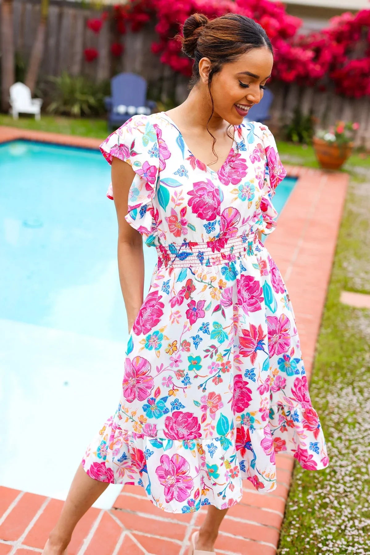 Hello Beautiful Ivory & Fuchsia Floral Sequin Smock Waist Midi Dress | Daverri Fashions