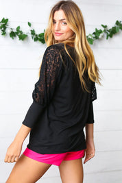 Black Lace Three Quarter Bubble Sleeve Top | Daverri Fashions