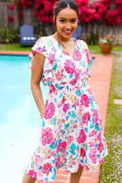 Hello Beautiful Ivory & Fuchsia Floral Sequin Smock Waist Midi Dress | Daverri Fashions