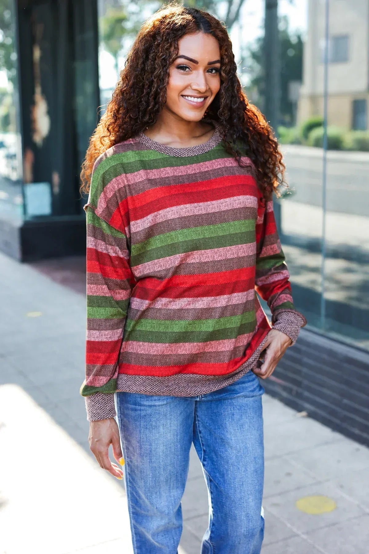 Perfectly You Olive & Mauve Stripe Two-Tone Banded Sweater Top - DAVERRI FASHIONS