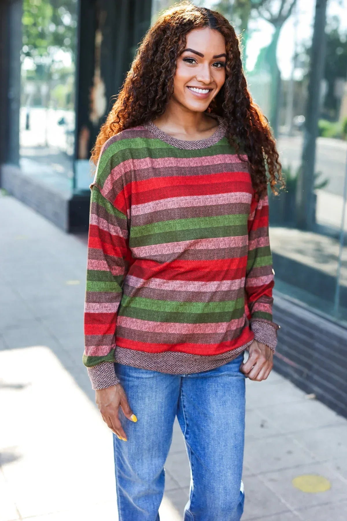 Perfectly You Olive & Mauve Stripe Two-Tone Banded Sweater Top - DAVERRI FASHIONS
