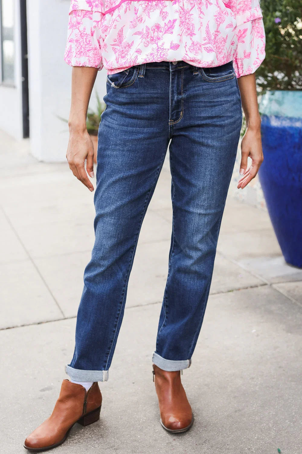 Judy Blue Mid Rise Cuffed Boyfriend Straight Leg Jeans | Daverri Fashions
