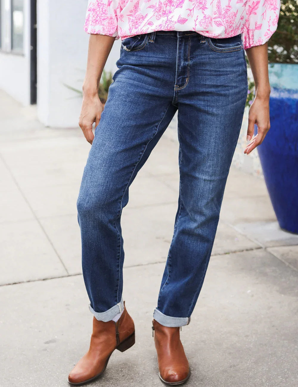 Judy Blue Mid Rise Cuffed Boyfriend Straight Leg Jeans | Daverri Fashions