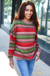 Perfectly You Olive & Mauve Stripe Two-Tone Banded Sweater Top | Daverri Fashions