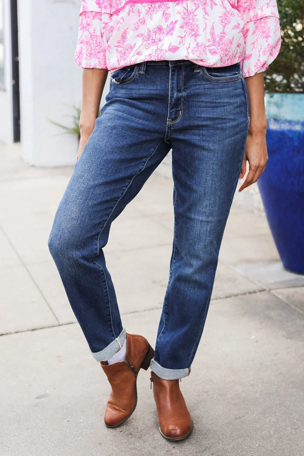 Judy Blue Mid Rise Cuffed Boyfriend Straight Leg Jeans | Daverri Fashions