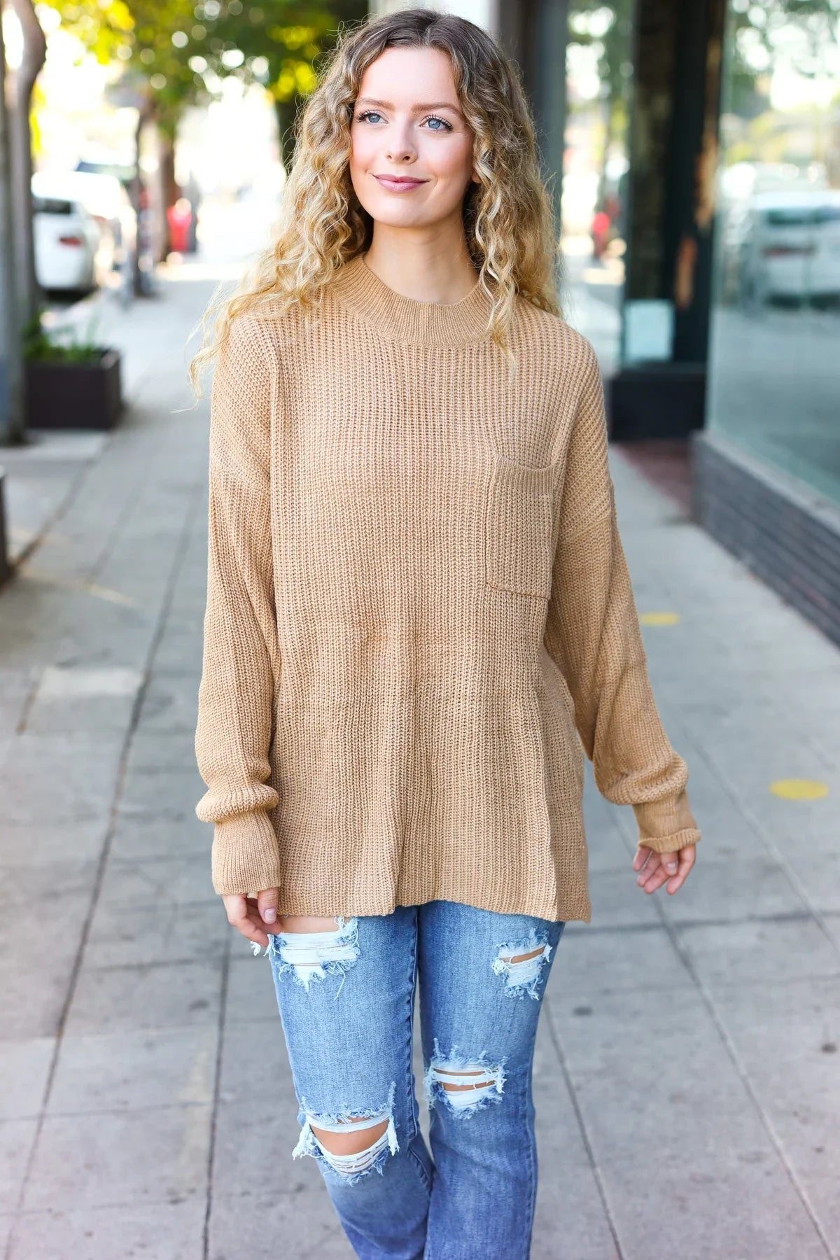 Classy Chic Taupe Mock Neck Chest Pocket Knit Sweater | Daverri Fashions