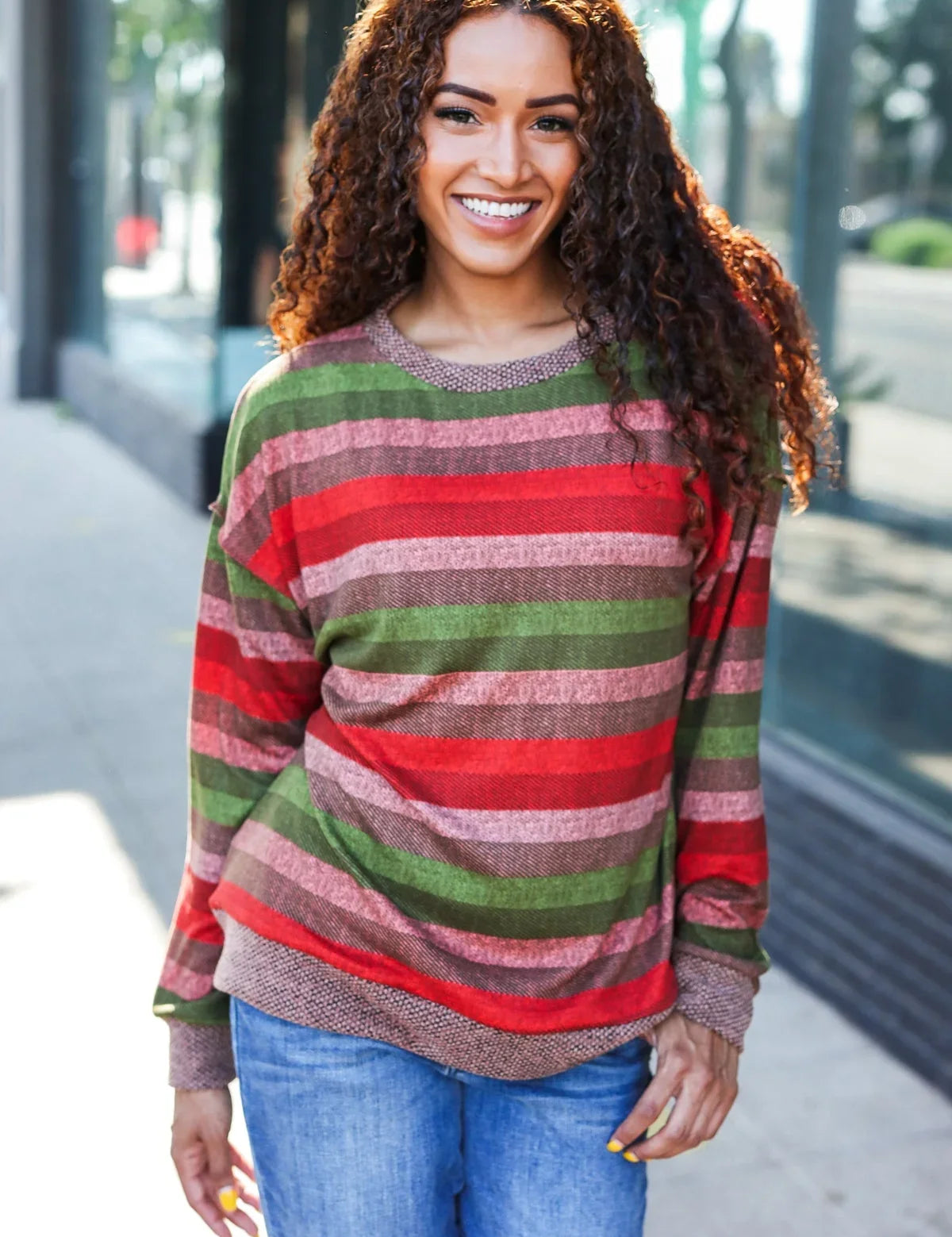 Perfectly You Olive & Mauve Stripe Two-Tone Banded Sweater Top | Daverri Fashions