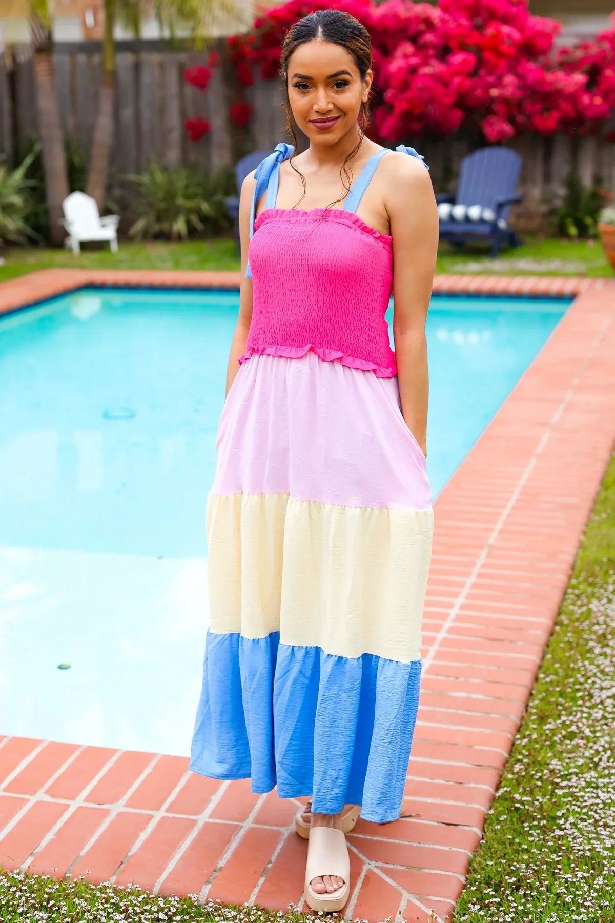 Vacay Vibes Hot Pink & Blue Smocked Color Block Maxi Dress | 2024 Blow-Out Sale Daverri Fashions