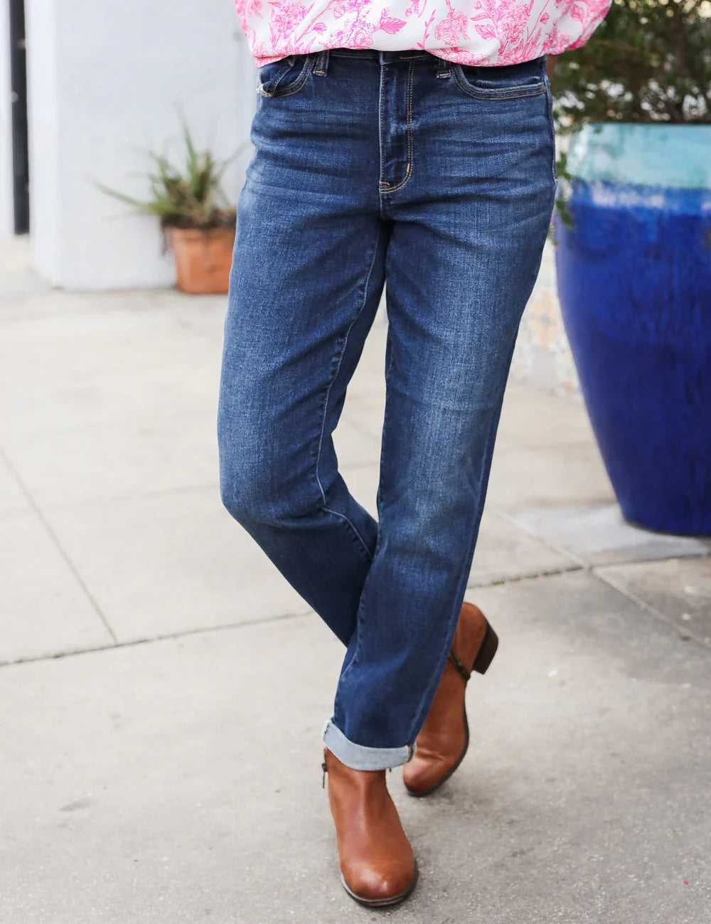 Judy Blue Mid Rise Cuffed Boyfriend Straight Leg Jeans | Daverri Fashions