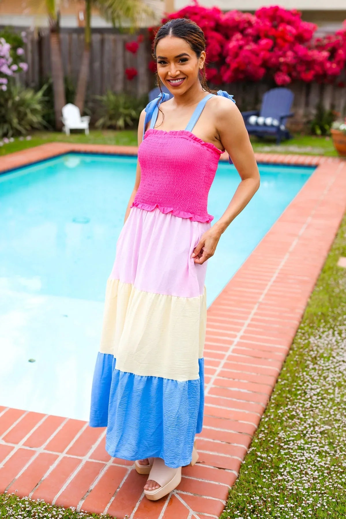 Vacay Vibes Hot Pink & Blue Smocked Color Block Maxi Dress | 2024 Blow-Out Sale Daverri Fashions
