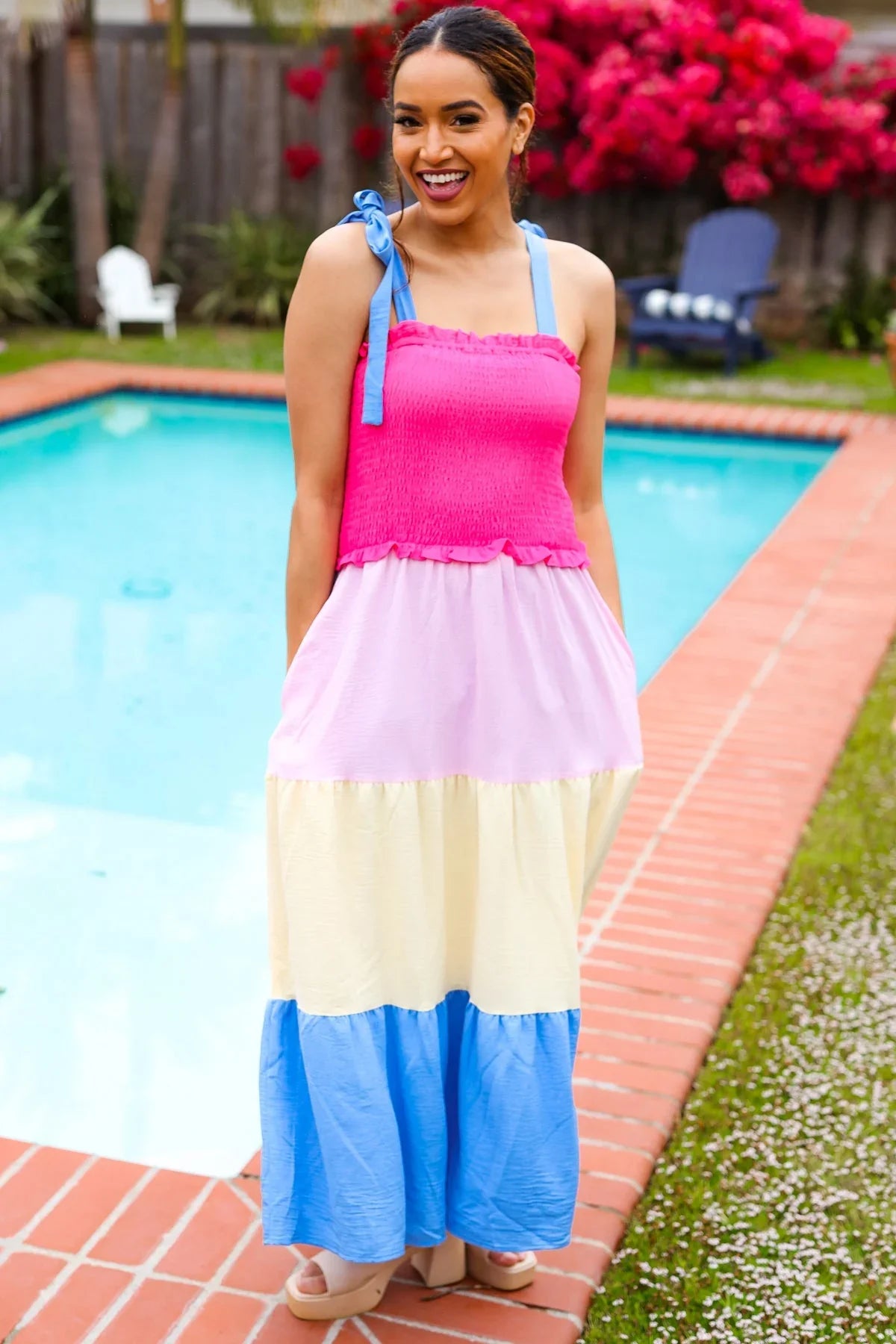 Vacay Vibes Hot Pink & Blue Smocked Color Block Maxi Dress | 2024 Blow-Out Sale Daverri Fashions