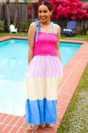 Vacay Vibes Hot Pink & Blue Smocked Color Block Maxi Dress | 2024 Blow-Out Sale Daverri Fashions